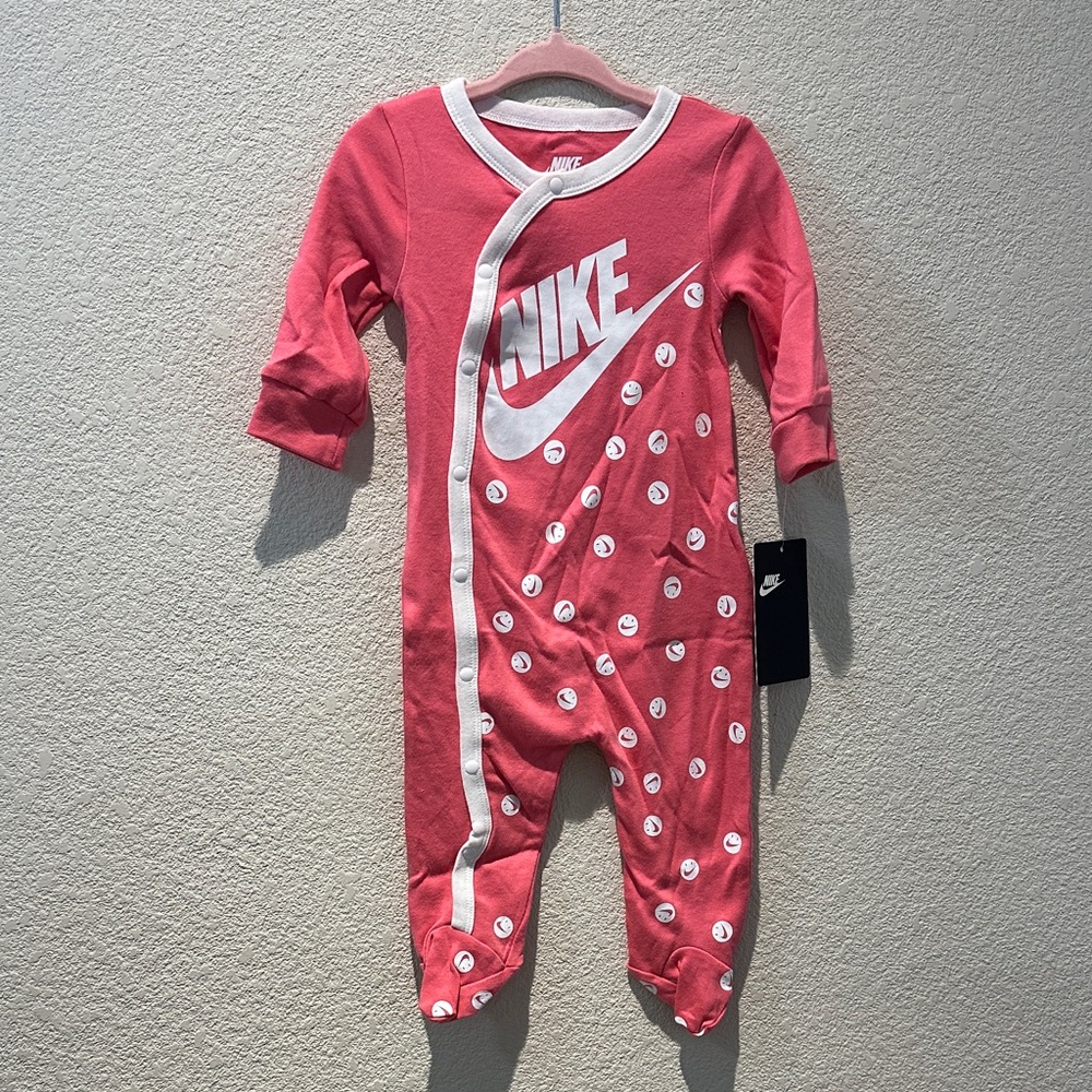 Nike Pink Footed One-Piece with White Logo Size 6M